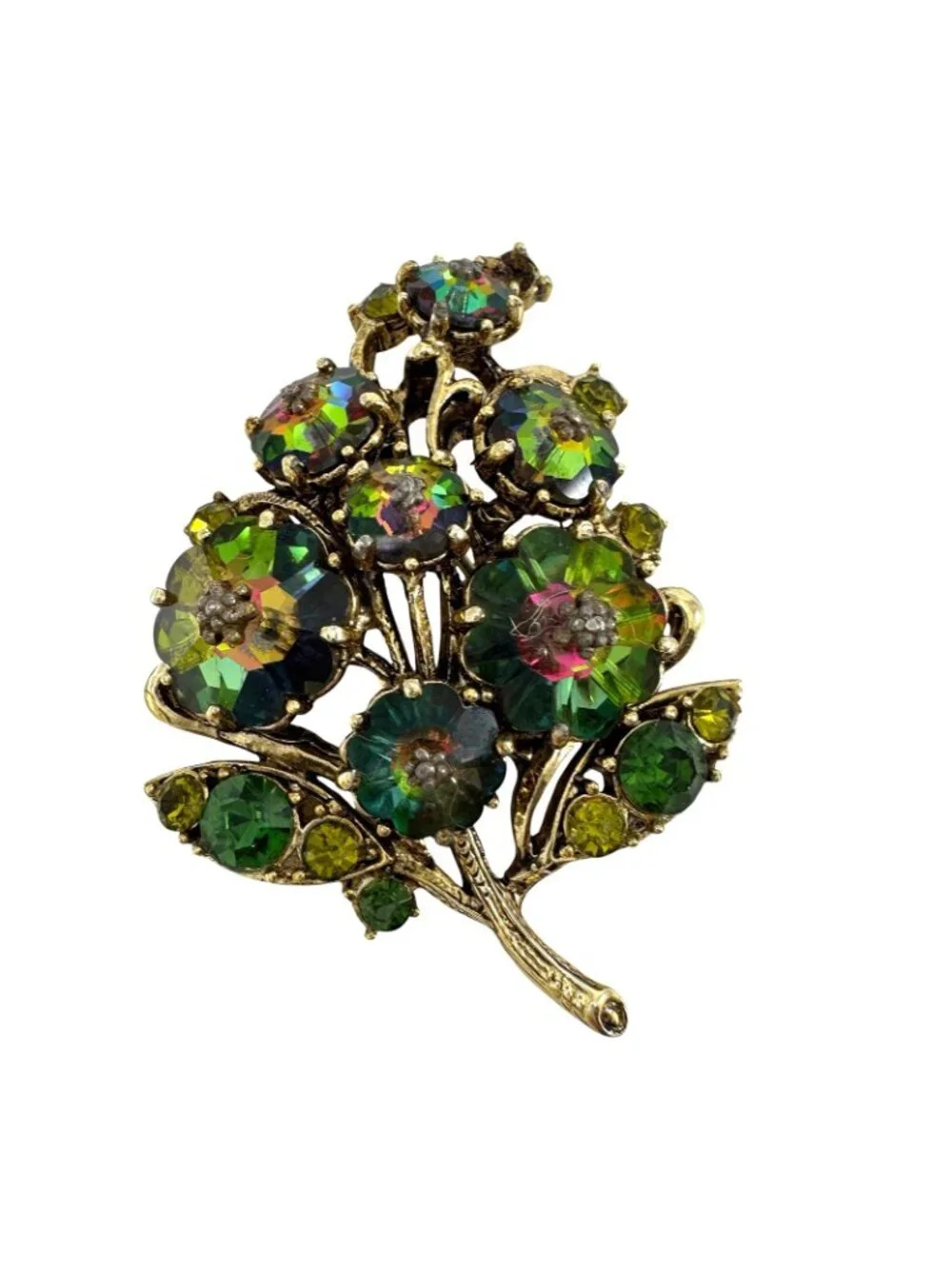 Weiss Brooch Pin Green Aurora Borealis AB Rhinestone & Margarite Crystal Vintage